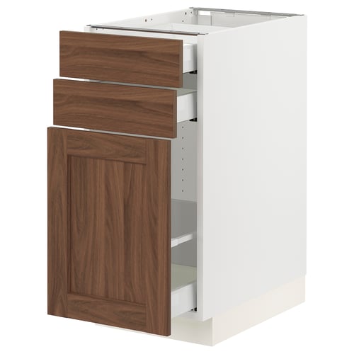 SEKTION kitchen cabinet, white & walnut, wood finish, 3 drawers, sleek design.