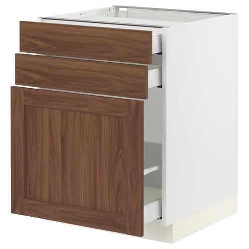 SEKTION kitchen cabinet in walnut wood finish with drawers and door.