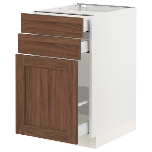 SEKTION kitchen unit. White base with walnut drawers. Full extension drawers, modern design.