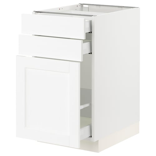 A white SEKTION kitchen cabinet with drawers and shelves. It a sleek, modern design with a sturdy build.
