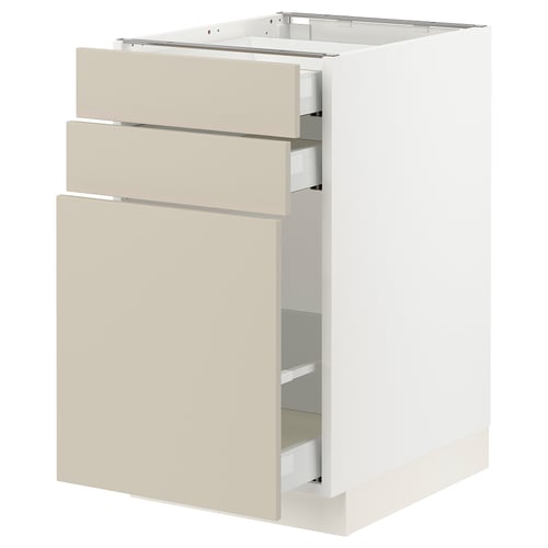 Beige ikea SEKTION kitchen unit with 3 drawers, white sides.