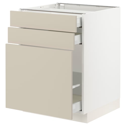 An ikea SEKTION kitchen cabinet, beige, rectangular, with three drawers, smooth finish, modern design.