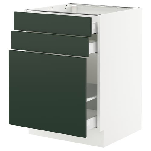 Modern white cabinet with green drawers, 3 top drawers and 1 large door, stylish for contemporary kitchen.