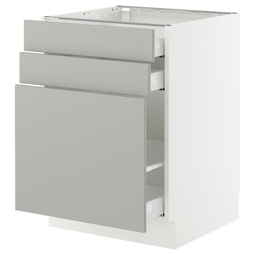 A white ikea SEKTION base kitchen cabinet with light grey drawers and a door. It has a modern, clean look with smooth-running drawers.