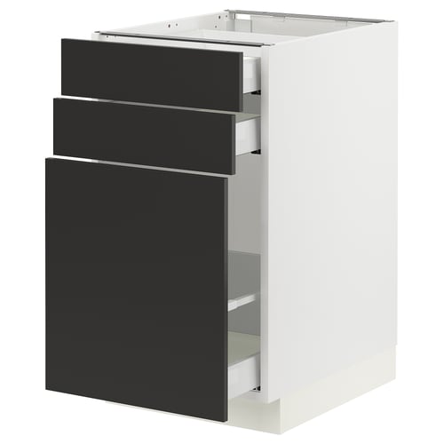 SEKTION kitchen unit in white with black drawers, modern design, three compartments, sturdy construction.