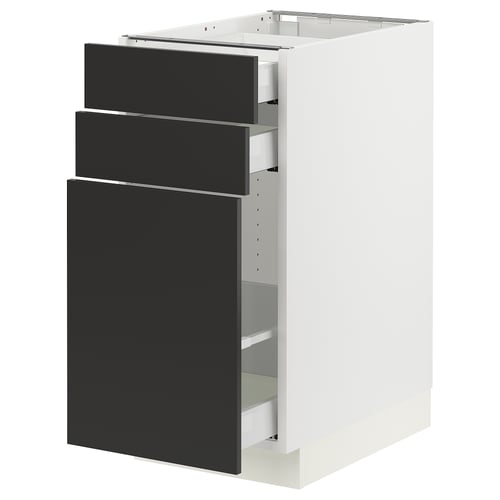 Modern kitchen cabinet with black drawers and white body, sleek and minimalist design.