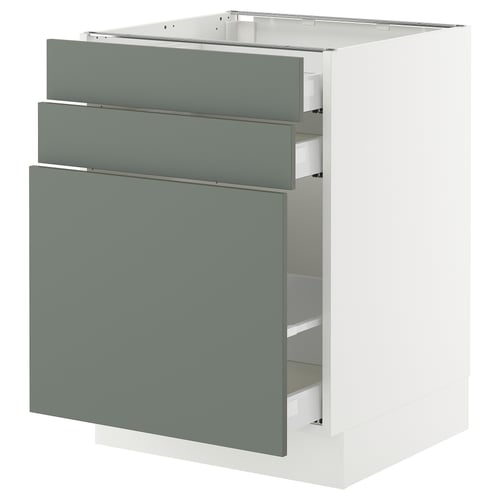 Ikea SEKTION kitchen unit with 3 grey-green drawers and white base.