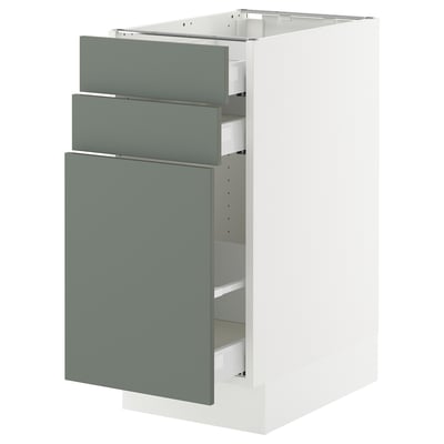 SEKTION / MAXIMERA Base cabinet/p-out storage/2 drwrs, white/Nickebo matte grey-green, 15x24x30 "