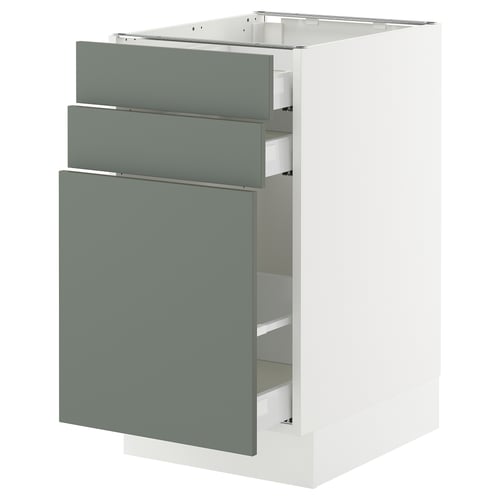 Modern kitchen cabinet with three grey-green drawers on a white base.
