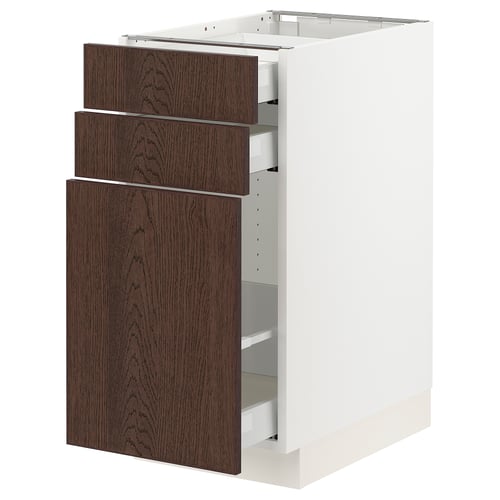 An ikea SEKTION kitchen cabinet in white with three dark brown sinarp drawers and one door, showcasing a sleek, modern design.
