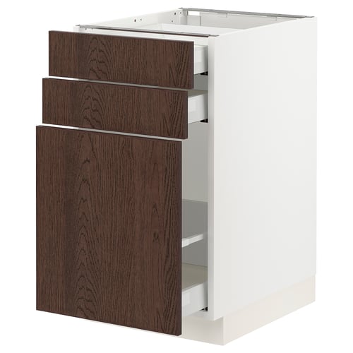 Modern kitchen unit, white and dark brown. Three drawers with oak veneer and solid wood edges.