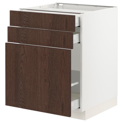 Modern white & brown kitchen cabinet, 3 drawers.
