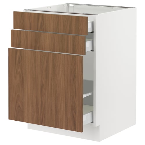 SEKTION kitchen cabinet: white base, walnut drawers, modern design.
