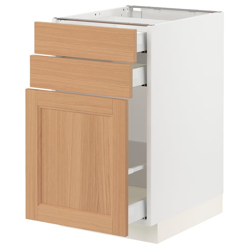 White & oak SEKTION cabinet, 3 drawers, 1 door open. I couldnt shorten it further while retaining the essential details.