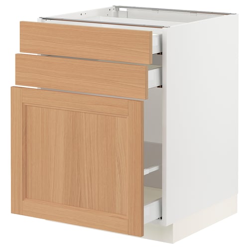 SEKTION kitchen cabinet in white with oak drawers and door.