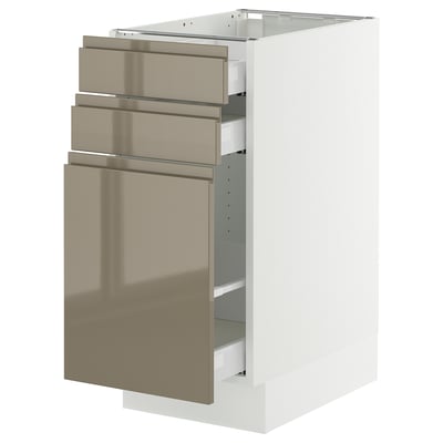 SEKTION / MAXIMERA Base cabinet/p-out storage/2 drwrs, white/Voxtorp high-gloss dark grey-brown, 15x24x30 "