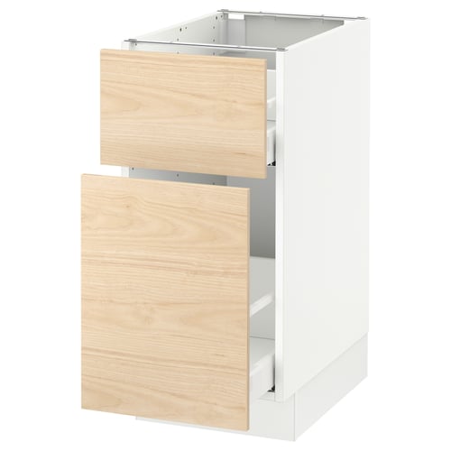 A modern white SEKTION kitchen cabinet with light wood drawers. It has two medium-height drawers with a smooth finish.