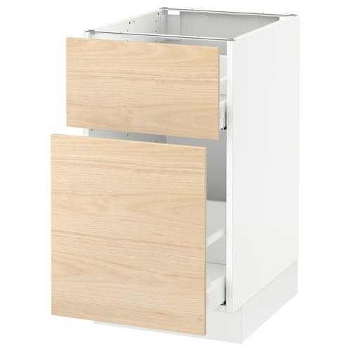 A white SEKTION cabinet with light ash wood-patterned drawers, featuring two open drawers and a sturdy frame.
