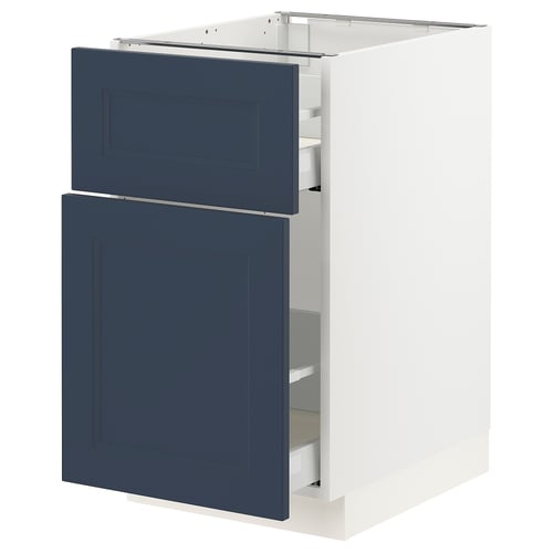 Modern kitchen cabinet in white with blue drawers. Full-extension drawers.