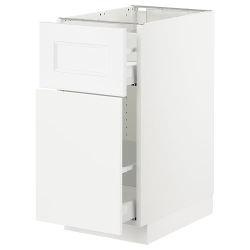 A white SEKTION kitchen cabinet with a drawer. Its rectangular, mostly flat, with a sleek design.
