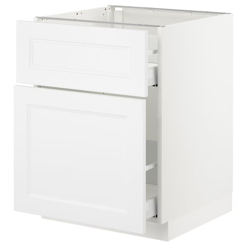 A white SEKTION kitchen cabinet with drawers and shelves. It has a sleek, modern design.