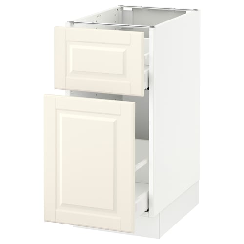 An off-white SEKTION kitchen cabinet with one open drawer, highlighting its smooth-running mechanism.