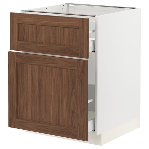 SEKTION kitchen cabinet in white with walnut-brown wooden doors.