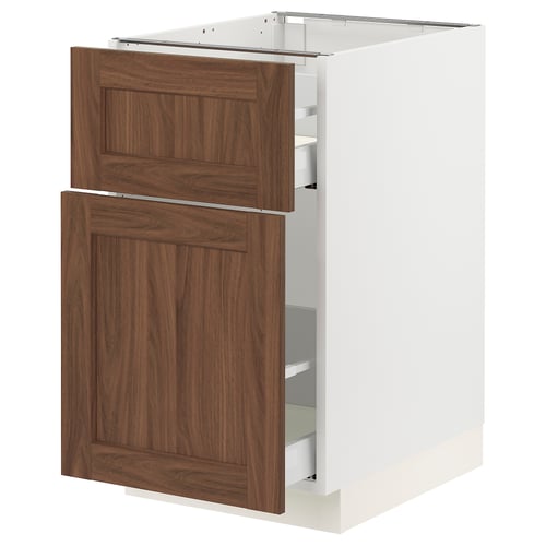 An ikea SEKTION kitchen cabinet with walnut brown doors, featuring smooth running drawers and a sleek, modern design.