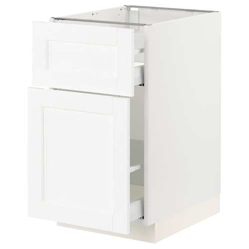 A white SEKTION kitchen cabinet with a drawer and door. Its a modern design with a smooth finish and includes a sturdy frame.