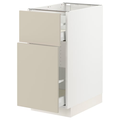 White & beige kitchen cabinet with 2 drawers, modern design, smooth fronts.