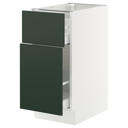SEKTION kitchen cabinet in green. Modern, rectangular, white frame, deep green drawers, smooth acrylic paint finish.
