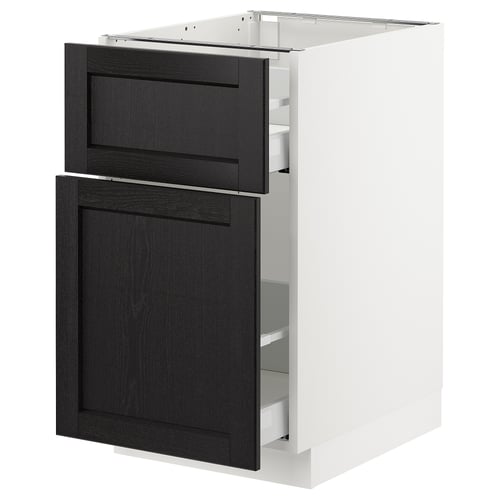 SEKTION kitchen cabinet in white with black-stained wood drawers and door featuring traditional character.