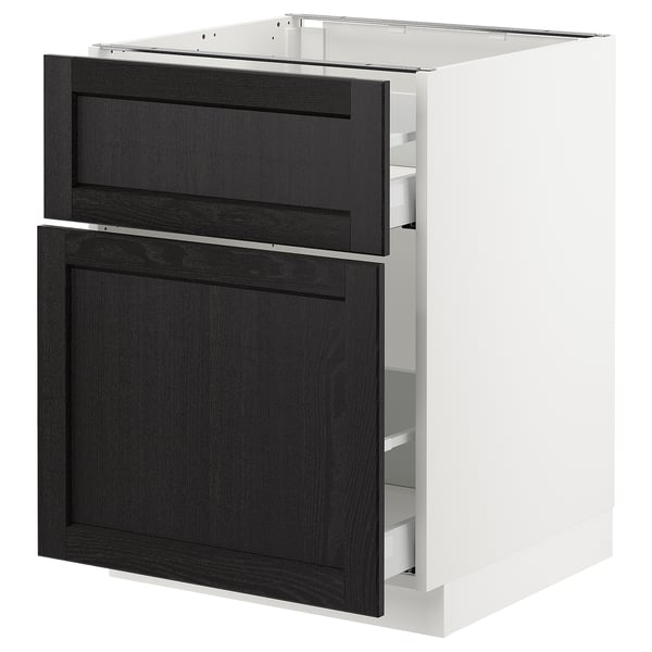 Modern kitchen cabinet, white base, black stained wood drawers, traditional design.