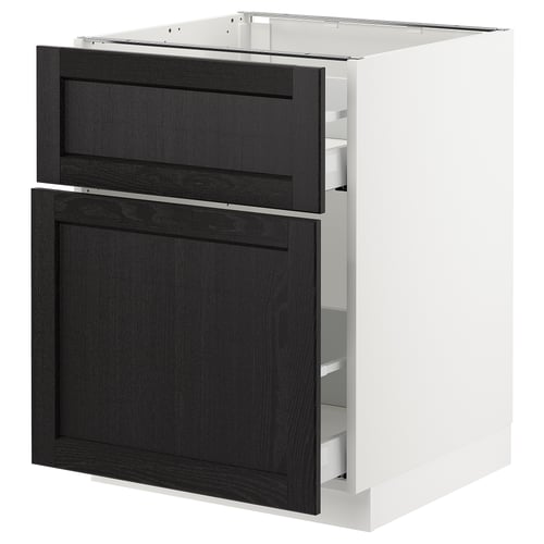 Modern kitchen cabinet, white base, black stained wood drawers, traditional design.