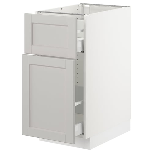 An off-white SEKTION kitchen cabinet with light grey lerhyttan fronts, featuring a classic design with bevelled edges and a sturdy frame.