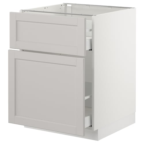 SEKTION kitchen unit, light grey, with bevelled edges, drawer open.