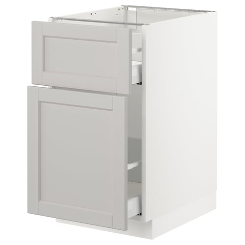 A white SEKTION kitchen cabinet with a classic design. It a smooth, light grey lerhyttan front and a sturdy frame.