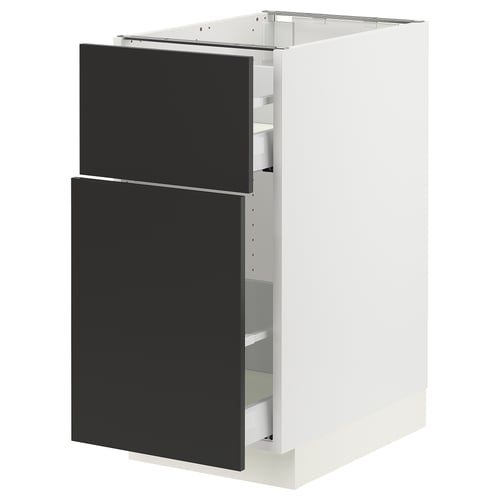 Modern kitchen cabinet in white with black doors, sleek design.
