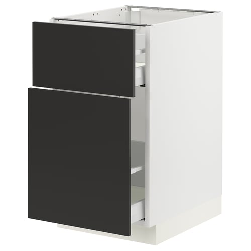 Modern black kitchen cabinet, sleek minimalist design, two large drawers, sturdy white frame.
