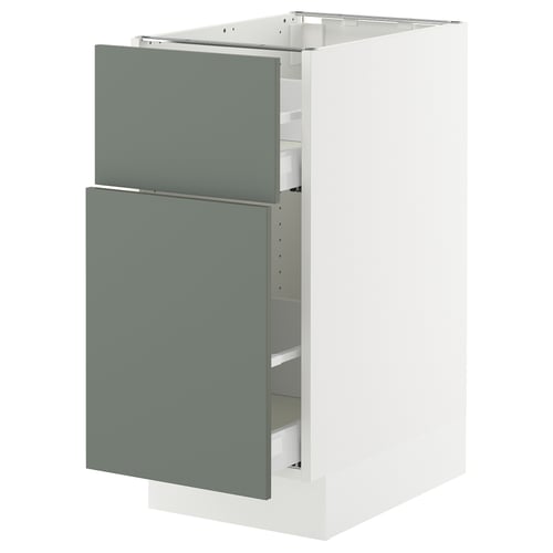 Modern kitchen cabinet with greenish-grey drawer and door, sleek design, sturdy structure.