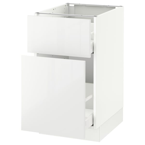 White kitchen cabinet with drawer, modern glossy design.