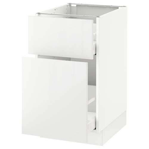 White kitchen cabinet with drawer, modern glossy design.