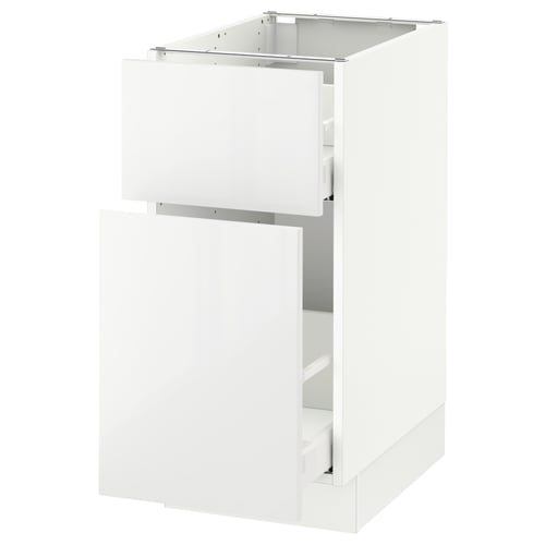 White kitchen cabinet, modern high gloss, rectangular with drawer.