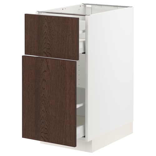 Modern kitchen cabinet with dark brown wood grain doors and white frame.