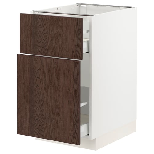 A modern, white SEKTION kitchen cabinet with dark brown wooden drawers. It has a sleek, rectangular design and two drawers.