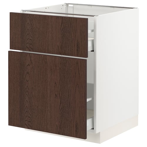SEKTION kitchen cabinet: white base, dark brown wood drawers, sleek modern design.