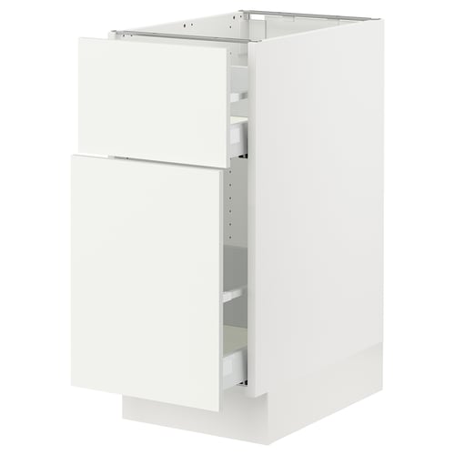 White SEKTION kitchen cabinet with vallstena fronts, glossy finish, rectangular shape, two doors.