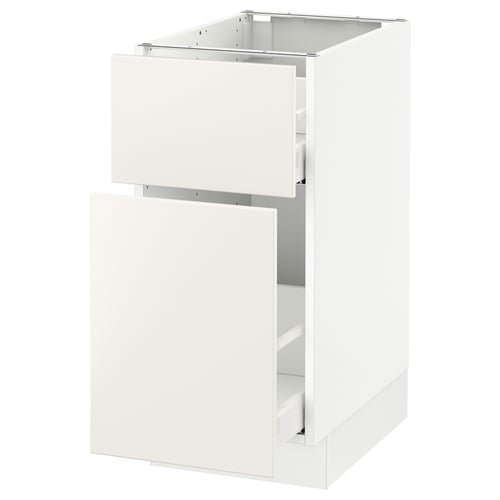 White SEKTION kitchen cabinet with veddinge drawer and door, smooth, minimalist design.
