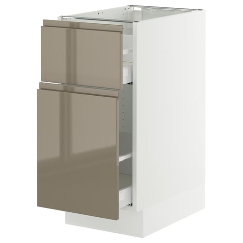 White SEKTION kitchen cabinet with glossy dark grey-brown drawers.