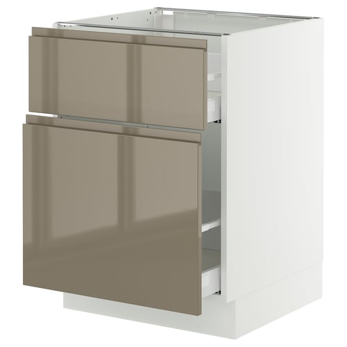 Modern kitchen cabinet with sleek, dark grey-brown high-gloss drawers and minimalist handles.
